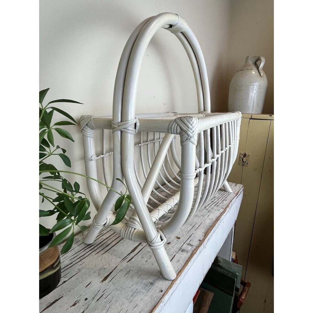 Vintage MCM Off White Bamboo Bentwood Magazine Rack Arched Handle Bohemian